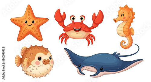 Illustration of a starfish crab seahorse pufferfish and manta ray set