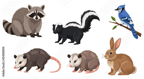 Illustration of a raccoon skunk blue jay opossums and a brown rabbit
