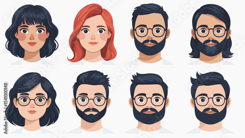 Illustration of diverse cartoon faces with different hairstyles and beards