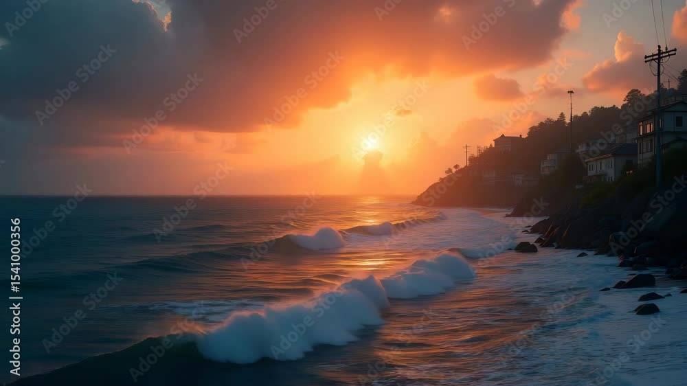 Dramatic Sunrise Over Coastal Town: Rising Ocean Threats for Disaster Planning Workshop - Conceptual Image with Empty Space on Left for Text Overlay Dramatic Sunrise Over Coastal Town: Rising Ocean Threats for Disaster Planning Workshop - Conceptual Image with Empty Space on Left for Text Overlay