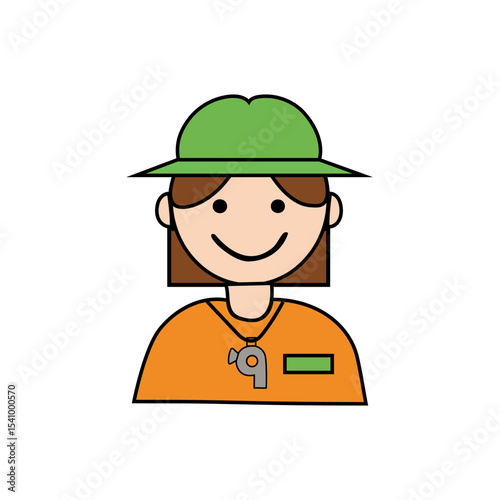 Girl scout character. Outdoor adventure spirit. Happy explorer figure. Green hat vector.