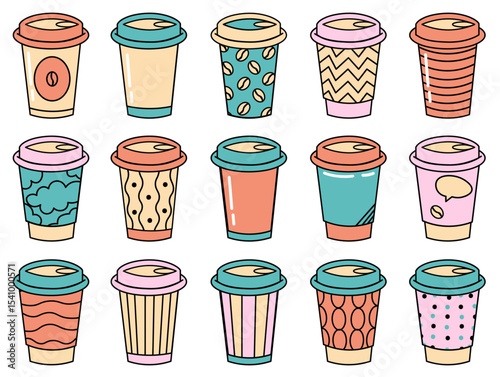 Coffee Cups in array: A colorful collection of various coffee cups are lined up against the light of the image. Each cup displays a different and unique design.