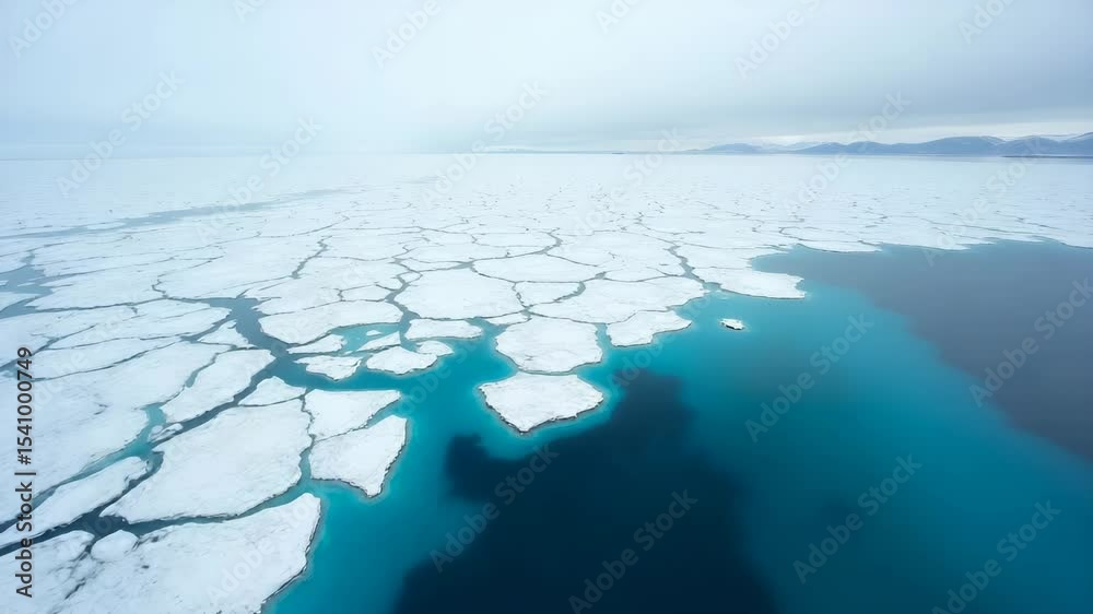 Wide?angle aerial shot of melting arctic ice loss revealing fractured sea ice floes and expanding open water under changing polar climate conditions in  Photo Stock  Concept  and empty space on the le