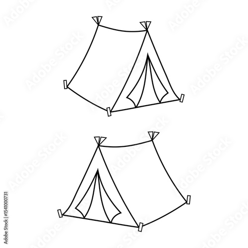 Simple camping tents. Outdoor shelter outlines. Wilderness travel sketches. Vector contour drawing.
