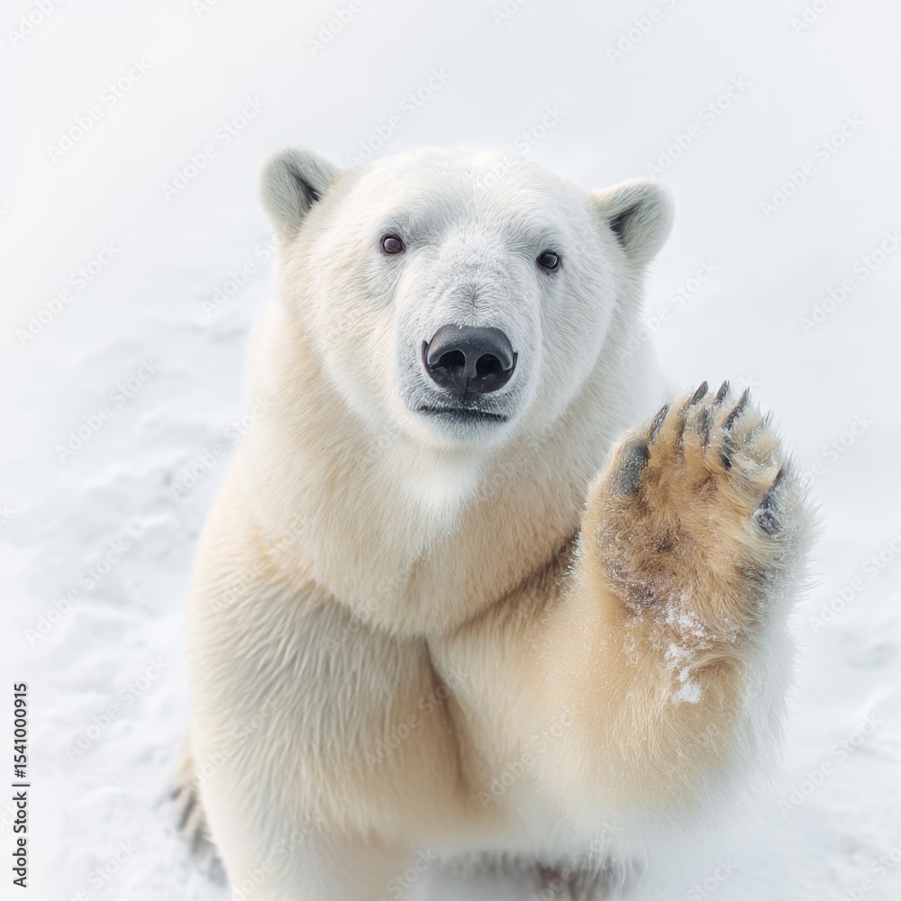 a polar bear waving one paw as if greeting isolated on snowy background friendly wild gesture a polar bear waving one paw as if greeting isolated on snowy background friendly wild gesture