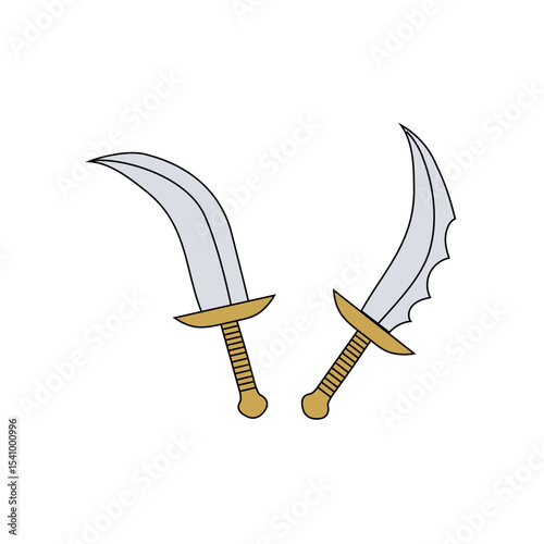 Curved ethnic daggers. Sharp blade weapons. Ancient combat tools. Golden vector artifact.