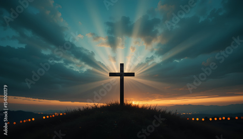 Christianity faith in sunset scene with lights and silhouette of Christian cross

