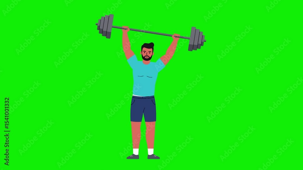 Animated man lifting a barbell, wearing turquoise shirt and navy shorts, isolated on green screen, chroma key background. Great for gym tutorials or fitness intros.