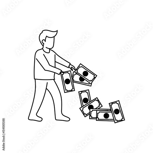 Man collecting money. Financial income gain. Business profit concept. Vector currency illustration.