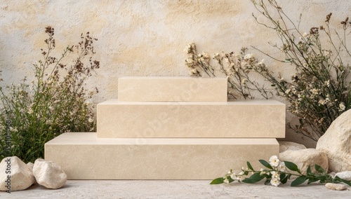 Beige tiered display platform surrounded by dried and fresh wildflowers, stones, and a textured background