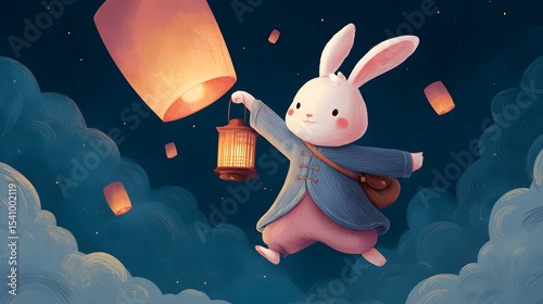 Happy Mid Autumn celebration. Rabbit jumping and holding lantern. Translation: Mid Autumn Festival
