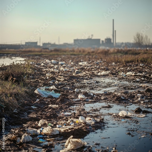 A polluted field with toxic waste scattered across the soil captured with an HQ camera