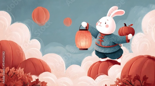 Happy Mid Autumn celebration. Rabbit jumping and holding lantern. Translation: Mid Autumn Festival
