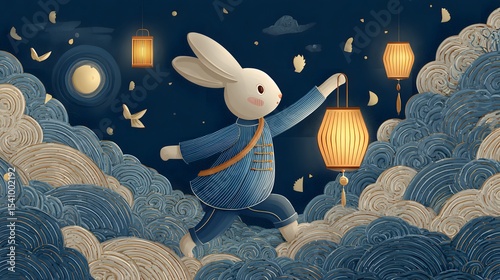 Happy Mid Autumn celebration. Rabbit jumping and holding lantern. Translation: Mid Autumn Festival
