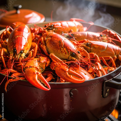 Vibrant pot filled with freshly cooked lobsters, showcasing their bright red shells and intricate details. steam rising adds sense of warmth and delicious anticipation to this seafood feast