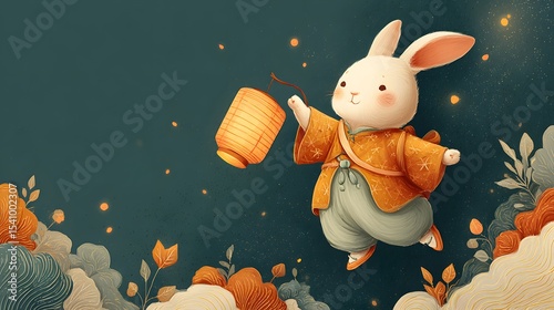 Happy Mid Autumn celebration. Rabbit jumping and holding lantern. Translation: Mid Autumn Festival
