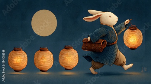 Happy Mid Autumn celebration. Rabbit jumping and holding lantern. Translation: Mid Autumn Festival
