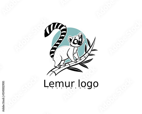 Playful cartoon lemur perched on a branch with tropical leaf circle badge, great for babywear labels, jungle storytelling kits, and fun preschool branding.

