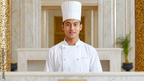 Portrait of a Confident Young Male Chef in a Luxurious Hotel Setting