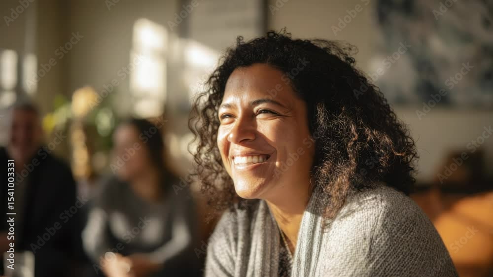 Smiling Asian Woman in a Group Meeting with Sunlight Streaming Through Windows Smiling Asian Woman in a Group Meeting with Sunlight Streaming Through Windows