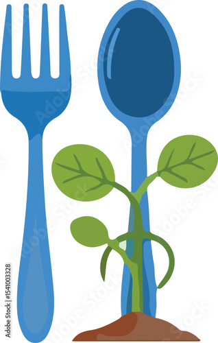 A cartoon image of a fork, spoon, and a plant coming out of a soil bed.