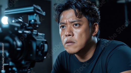 Focused Filmmaker Monitoring a Video Shoot