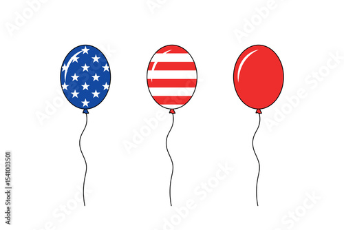 three balloons in USA flag colors, air balloon with stars on blue background and red balloon with white stripes, national holiday vector illustration