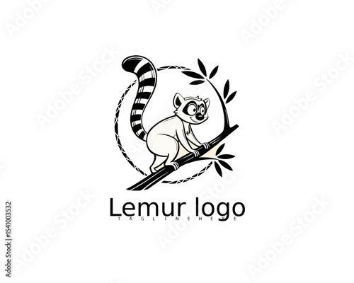 Playful lemur logo with wide eyes and jungle foliage border in clean vector style, ideal for branding children’s eco products, preschool kits, or storytelling games.

