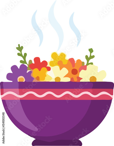 The image shows a purple bowl full of colorful flowers and greenery with steam rising.