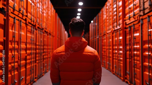 Man in Orange Jacket Walking Through Rows of Bright Orange Shipping Containers