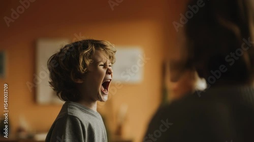 Frustrated Young Boy Yelling with Mouth Open in Front of Woman Indoors