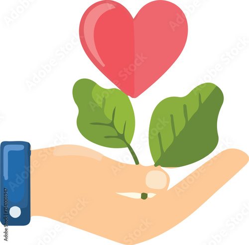 A hand holding a plant sprouting into a heart, symbolizing care and nurturing.