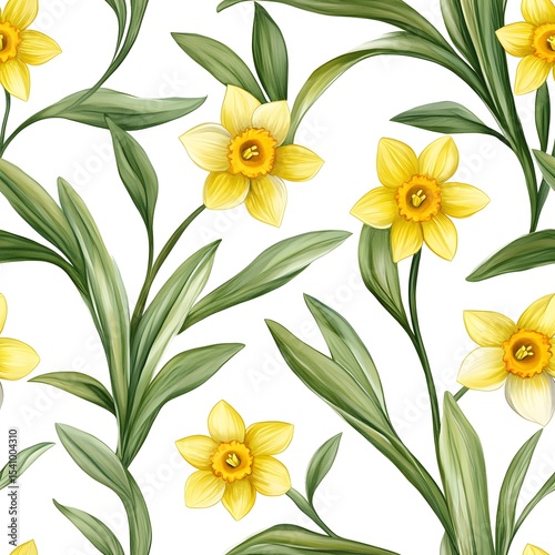 Delicate floral pattern of yellow daffodils and green leaves on a white background.