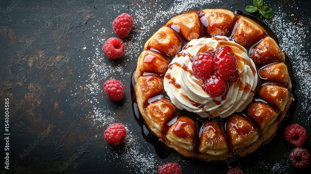 Obraz premium Delicious Belgian Waffles with Raspberries and Whipped Cream