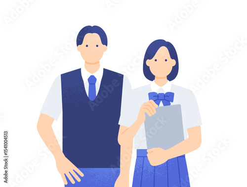 タブレットを持つ女の子 夏服のブレザー制服姿 男女学生の正面ベクターイラスト素材