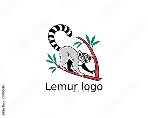 Cartoon lemur with bold lines and leaf border logo design, perfect for wildlife park children’s branding, storytelling apps, and fun baby animal vector logos.

