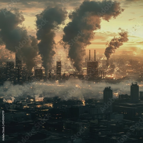 A polluted industrial skyline with toxic fumes rising into the air captured with an HQ camera