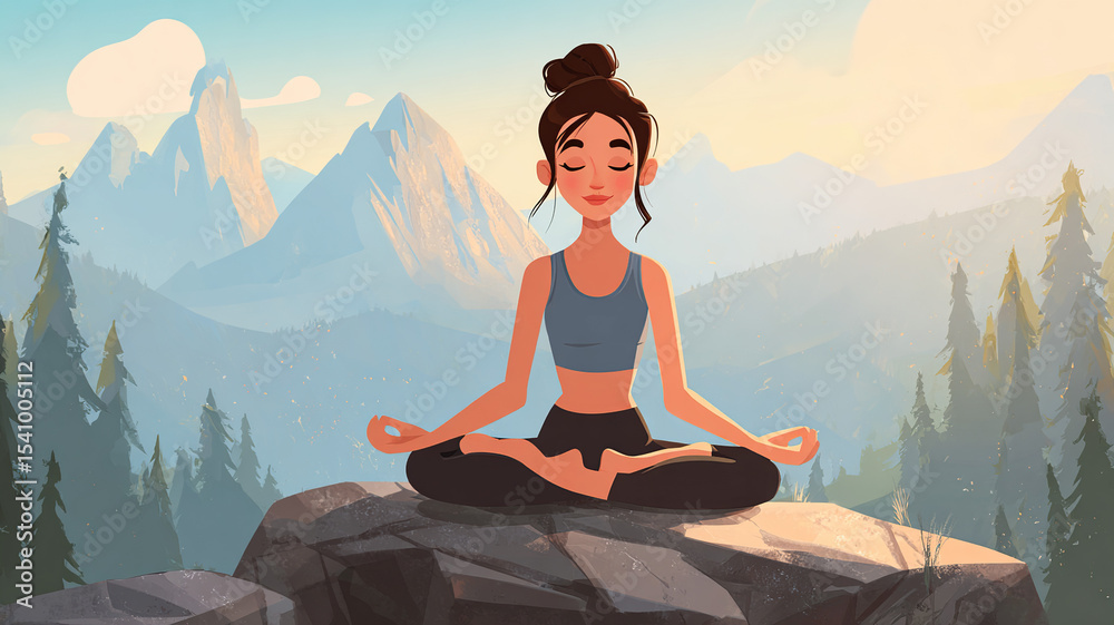 Woman meditating on mountaintop, International Day of Yoga Woman meditating on mountaintop, International Day of Yoga