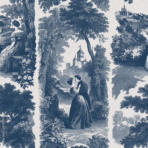 Seamless vector pattern with romantic scenes and European landscapes with castles, forests, hills and valleys. Vintage engraving style illustration.