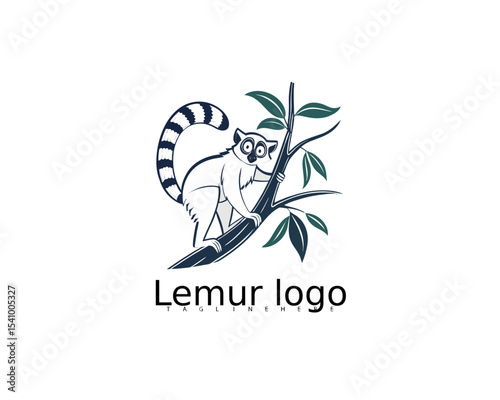 Black and white lemur cartoon logo design in circular foliage frame, great for kids’ storytelling books, animal-themed party supplies, or jungle adventure branding.

