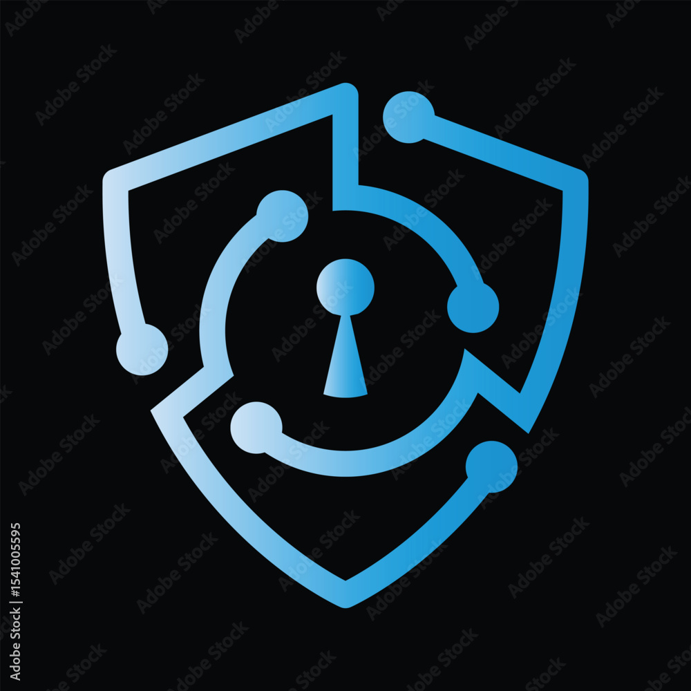 The image shows a logo design of a shied made of node transistor lines with a keyhole at the center in blue white gradient that looks clean on a black background for cyber security company. 

