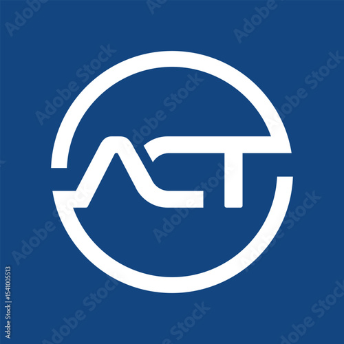 The image shows a flat monogram logo design of an initial letter ACT inside a circle shape in white color that looks clean and modern on a blue background