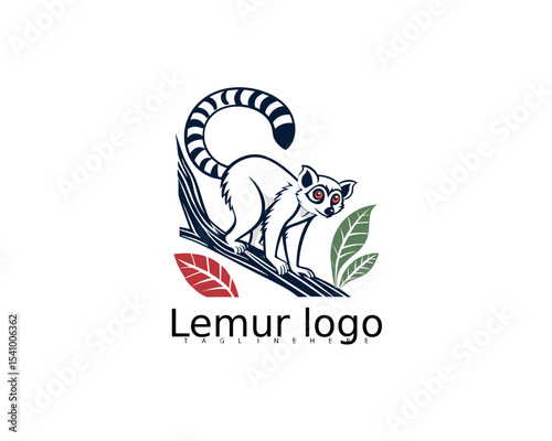 Cute cartoon lemur on white background with a leafy round badge logo, ideal for branding organic children’s products, jungle storytelling kits, or baby wildlife labels.

