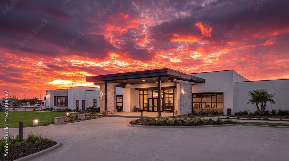 Building exterior at dusk with bright, dramatic, cloudy sunset sky overhead Building exterior at dusk with bright, dramatic, cloudy sunset sky overhead