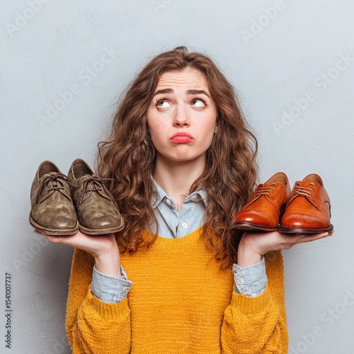 A woman struggling to choose between two pairs of shoes, expressing indecision