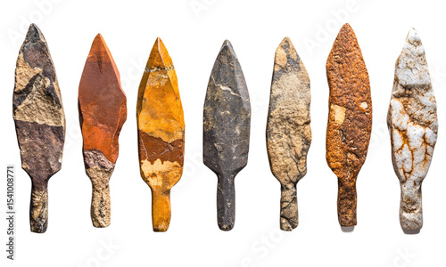 Ancient stone arrowheads with intricate details historical archaeological artifacts isolated on transparent background. photo