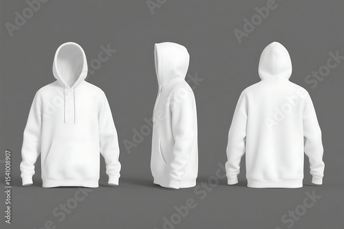 hoodie jacket mockup in different 360-degree rotation views in at least 3 positions showing front, back, and side view, white hoodie mockup, sweatshirt mockup, hoodie jacket mockup, gray background