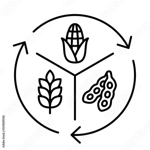 Crop rotation icon: corn, wheat & soybeans. Sustainable agriculture, organic farming, soil health, and food systems. Vector illustration.