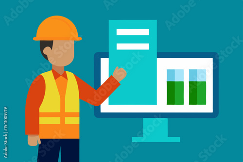 Construction worker in uniform with clipboard, a person in a hardhat with a laptop, or a female engineer at a construction job