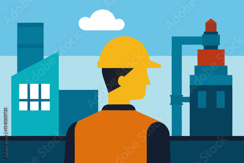 Cartoon vector illustration of construction people in the city and office, including a businessman, woman, and men in helmets, working on building and house projects with a silhouette of urban success